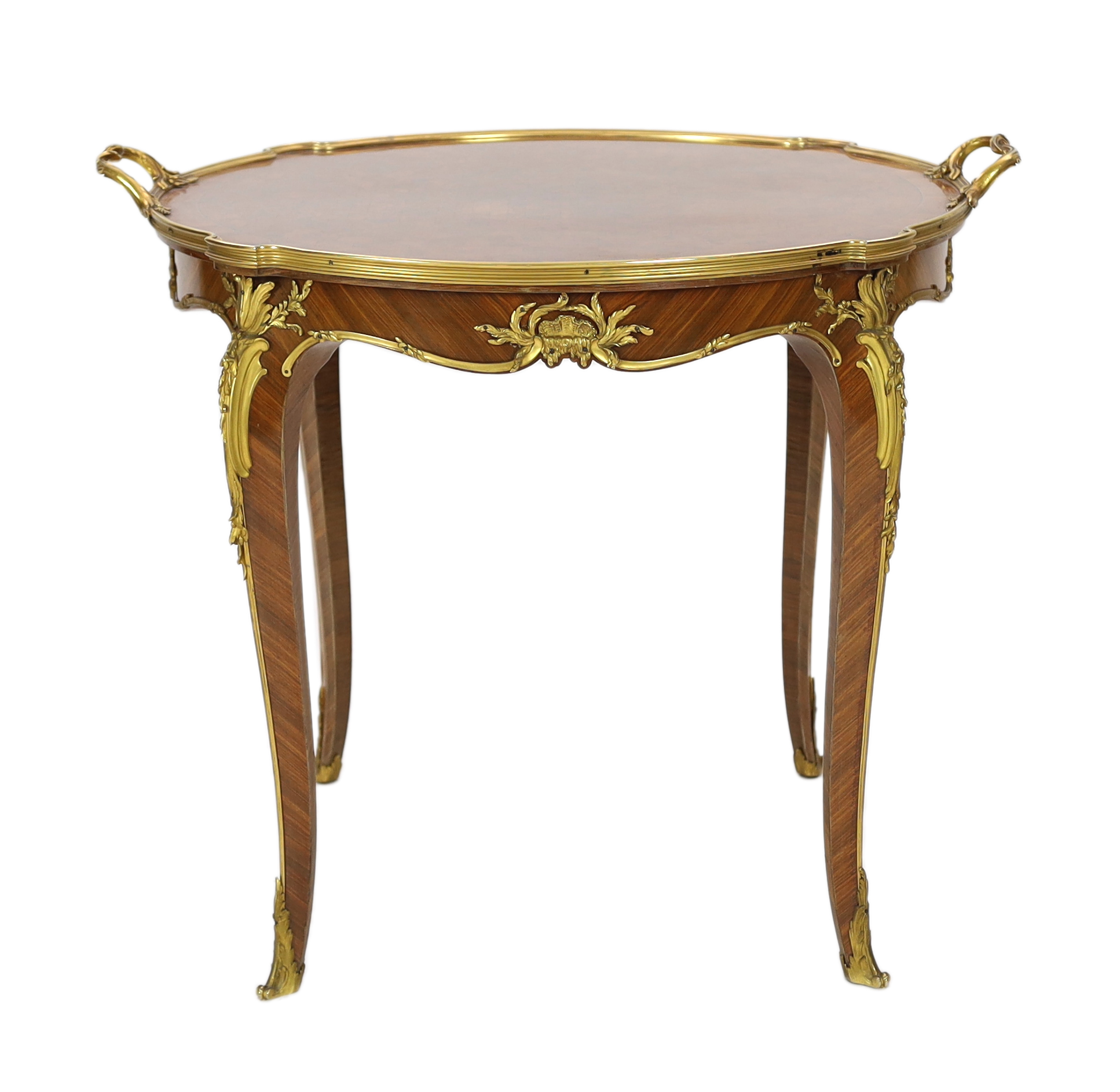 A late 19th century French ormolu mounted kingwood parquetry tray topped table, by Francois Linke, 80 x 72cm, 65cm high, Please note this lot attracts an additional import tax of 5% on the hammer price